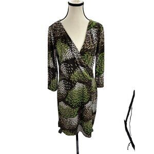 Loft Womens Size 12 Petite Wrap Dress Brown Green Print 3/4 Sleeve Knee Length